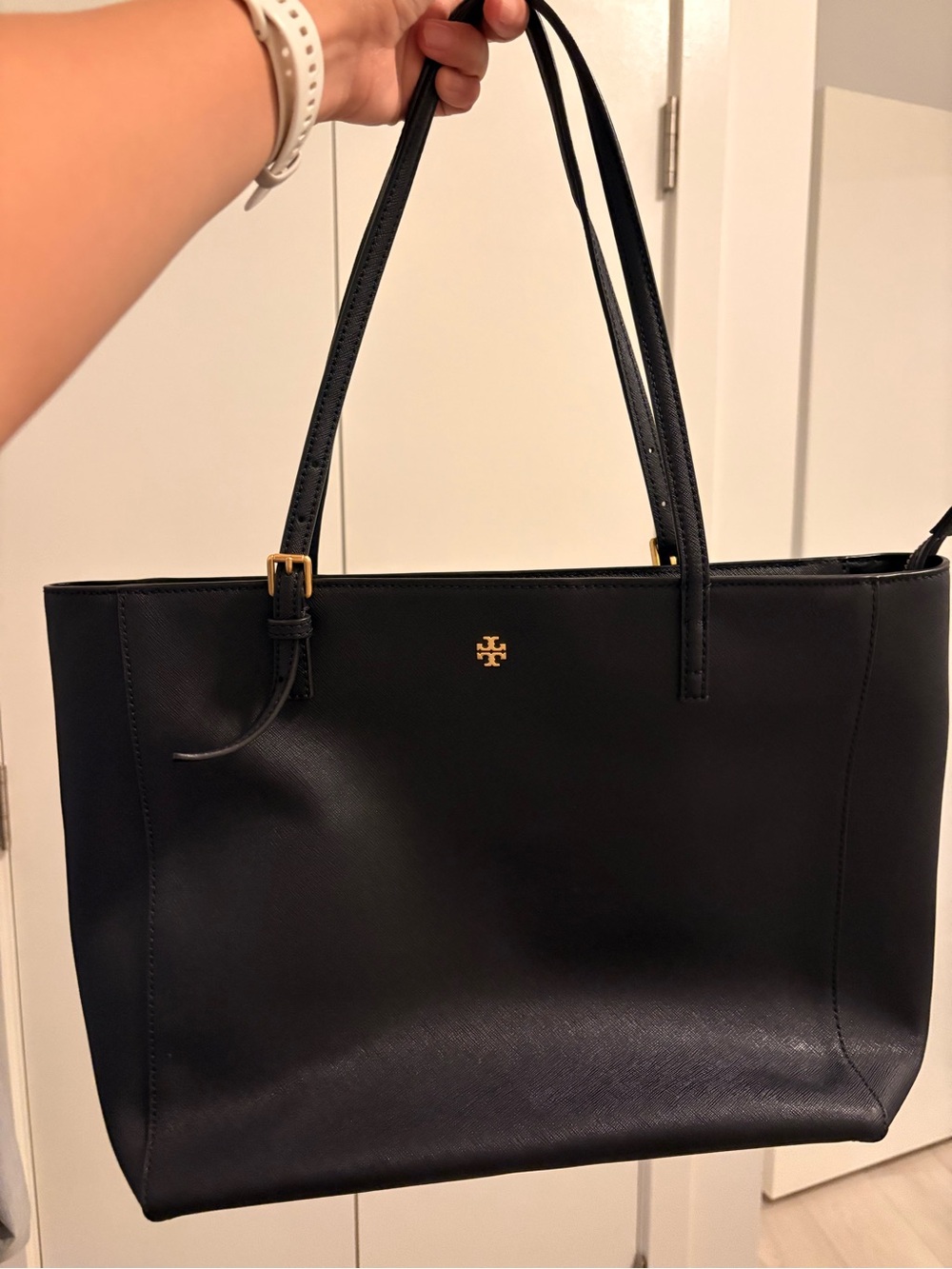 Tory Burch Navy Leather Double-Handle Tote with Gold Logo